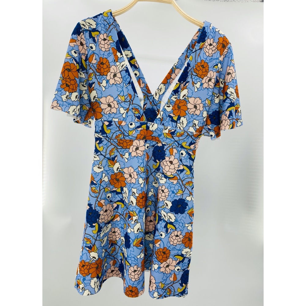 Zara Basic‎ 70's Retro Blue  Floral Bell Sleeve Deep V-Neck Mini Dress